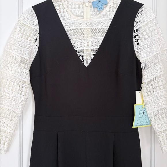 CeCe Black/White V-Neck Wide-Leg Jumpsuit with Lace Sleeves Zipper Back, Women 0 - Picture 3 of 6